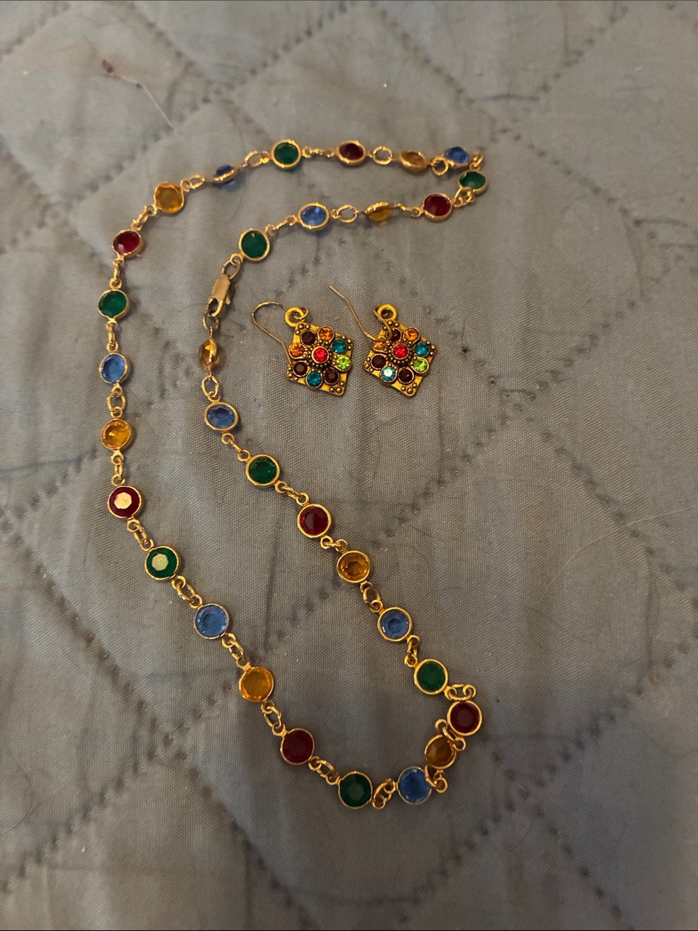Gold-Tone Multicolor Glass Bead Necklace and Drop Earrings Set